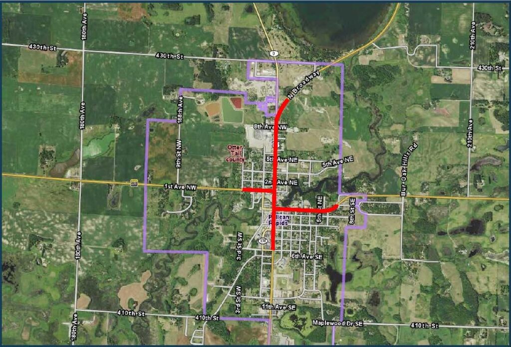 Road construction route aerial view of Pelican Rapids