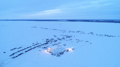 Overhead photo of ice fishing